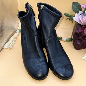 CHANEL Stretch Lambskin Cap Toe CC Short Boots